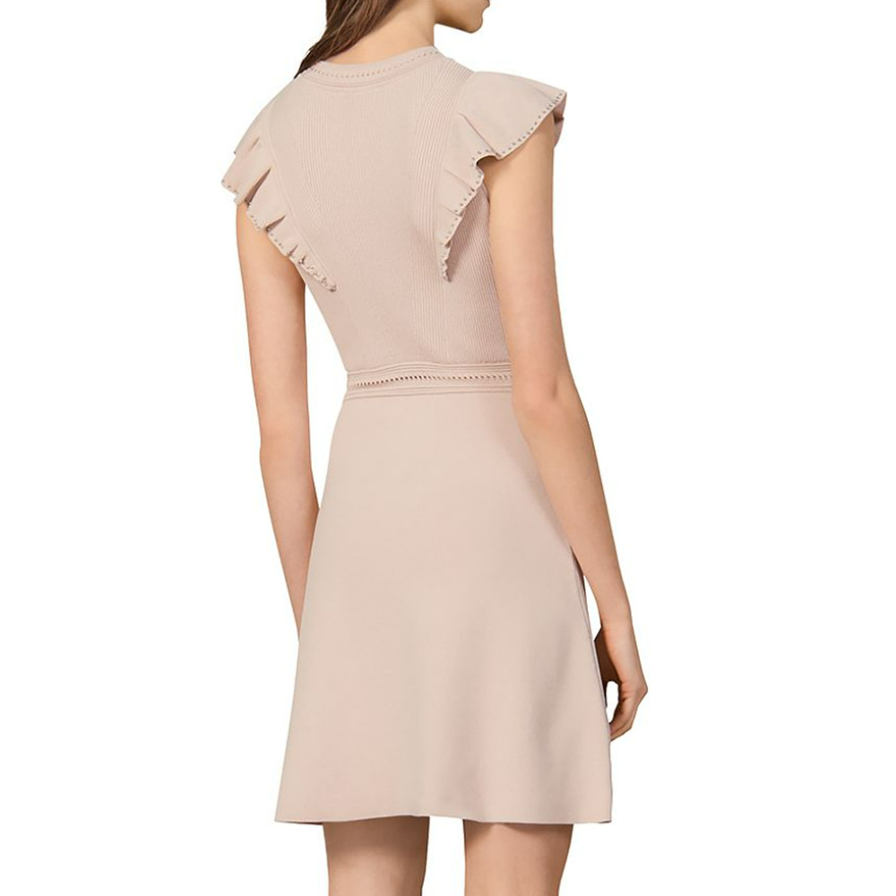 SANDRO Women's‎ Beige Ruffle-Trimmed Tilla Ribbed Knit Mini Dress Sz 36 - Picture 3 of 8